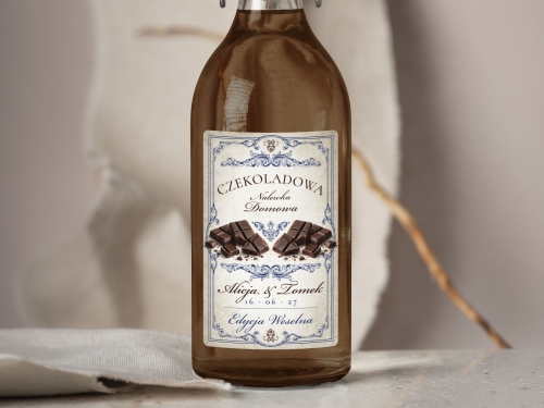 Naklejki na alkohol na wesele Czekoladówka, naklejki na Czekoladową Nalewkę, personalizowane etykiety vintage z imionami i datą