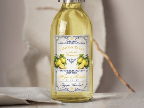 Naklejki na alkohol na wesele Limoncello, naklejki na Limoncello, personalizowane etykiety vintage z imionami i datą
