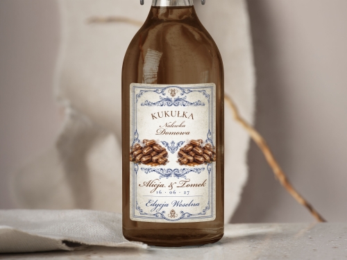 Naklejki na alkohol na wesele Kukułka, naklejki na Kukułkówkę, personalizowane etykiety vintage z imionami i datą