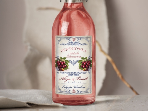 Naklejki na alkohol na wesele Dereniówka, naklejki na Dereniówkę, personalizowane etykiety vintage z imionami i datą