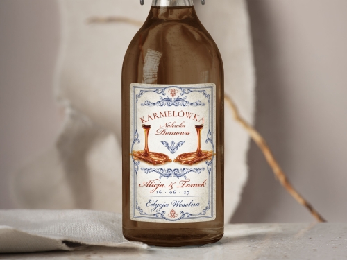 Naklejki na alkohol na wesele Karmel, naklejki na Karmelówka, personalizowane etykiety vintage z imionami i datę