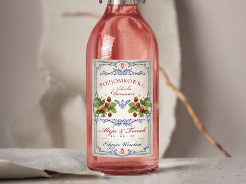 Naklejki na alkohol na wesele Poziomka, naklejki na Poziomkówka, personalizowane etykiety vintage z imionami i datę