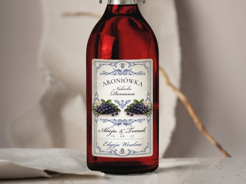 Naklejki na alkohol na wesele Aronia, naklejki na Aroniówka, personalizowane etykiety vintage z imionami i datę