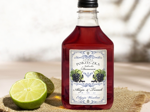 Naklejki na butelki 100 ml setki Czarna Porzeczka, na Czarną Porzeczkę  etykiety na wesele