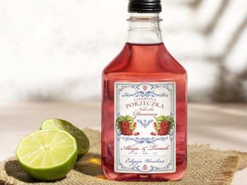 Naklejki na butelki 100 ml setki Czerwona Porzeczka, na Czerwoną Porzeczkę  etykiety na wesele