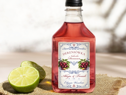 Naklejki na butelki 100 ml setki Dereniówka, na Dereniówkę etykiety na wesele