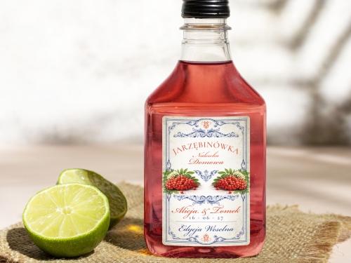 Naklejki na butelki 100 ml setki Jarzębinówka, na Jarzębinówkę etykiety na wesele