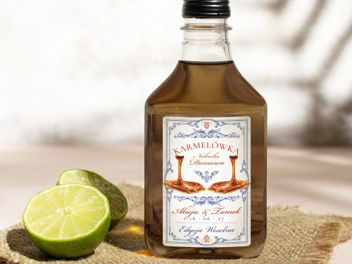 Naklejki na butelki 100 ml setki Karmelówka, na Karmelówkę etykiety na wesele