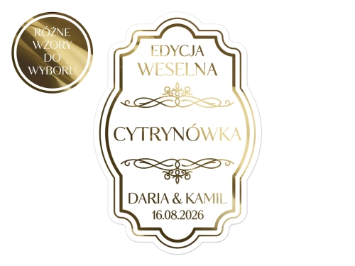 Złocone naklejki na Cytrynówkę, etykiety Cytrynówka weselną, Różne wzory etykiet do wyboru