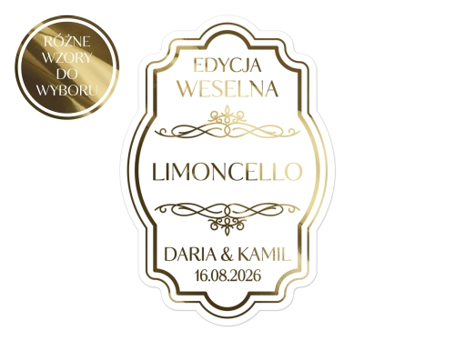 Złocone naklejki na Limoncello, etykiety na Limoncello weselną, Różne wzory etykiet do wyboru