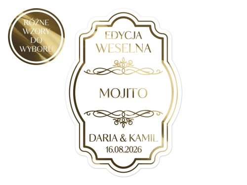 Złocone naklejki na Mojito, etykiety na Mojito weselną, Różne wzory etykiet do wyboru