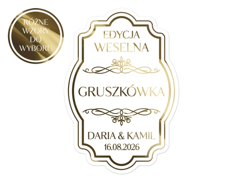 Złocone naklejki na Gruszkówkę, etykiety Gruszkówka weselną, Różne wzory etykiet do wyboru