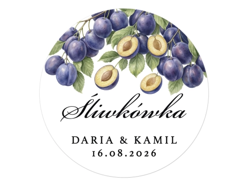 Naklejki na Śliwkówkę, okrągłe etykiety Śliwkówka weselna, Personalizowane