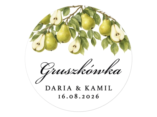 Naklejki na Gruszkówkę, okrągłe etykiety Gruszkówka weselna, Personalizowane