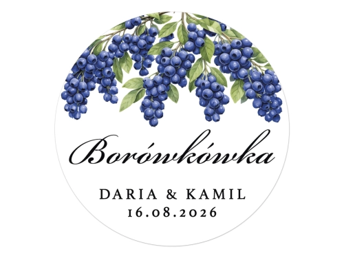 Naklejki na Borówkówkę, okrągłe etykiety Borówkówka weselna, Personalizowane