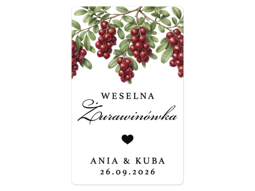Naklejki na Żurawinówkę, prostokątne etykiety Żurawinówka weselna, personalizowane