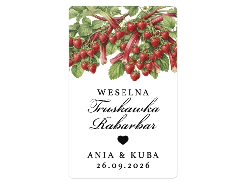 Naklejki na Truskawkę Rabarbar, prostokątne etykiety Truskawka Rabarbar weselne, personalizowane