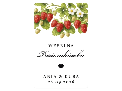 Naklejki na Poziomkówkę, prostokątne etykiety Poziomkówka weselna, personalizowane