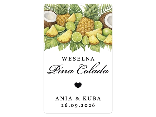 Naklejki na Pina Coladę, prostokątne etykiety Pina Colada weselne, personalizowane