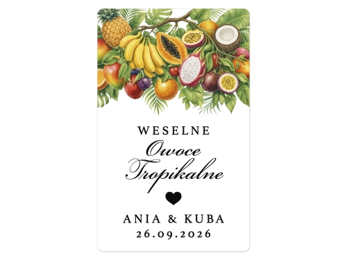 Naklejki na Owoce Tropikalne, prostokątne etykiety Owoce Tropikalne weselne, personalizowane