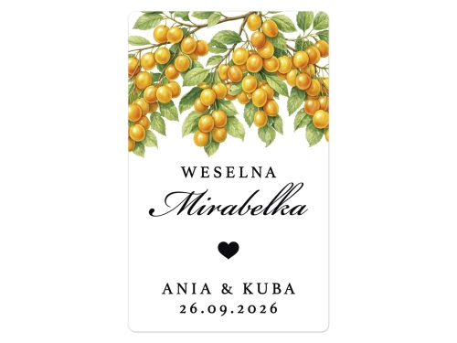 Naklejki na Mirabelkę, prostokątne etykiety Mirabelka weselna, personalizowane