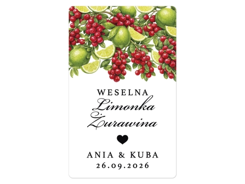Naklejki na Limonkę Żurawinę, prostokątne etykiety Limonka Żurawina weselne, personalizowane