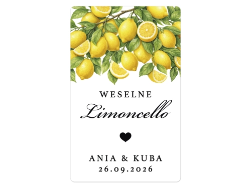 Naklejki na Limoncello, prostokątne etykiety Limoncello weselne, personalizowane