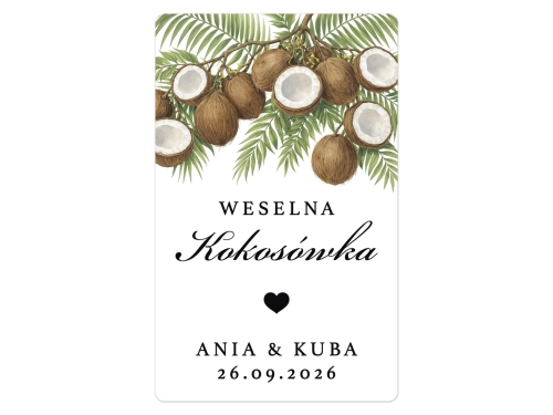 Naklejki na Kokosówkę, prostokątne etykiety Kokosówka weselna, personalizowane