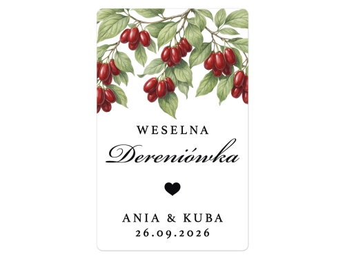 Naklejki na Dereniówkę, prostokątne etykiety Dereniówka weselna, personalizowane