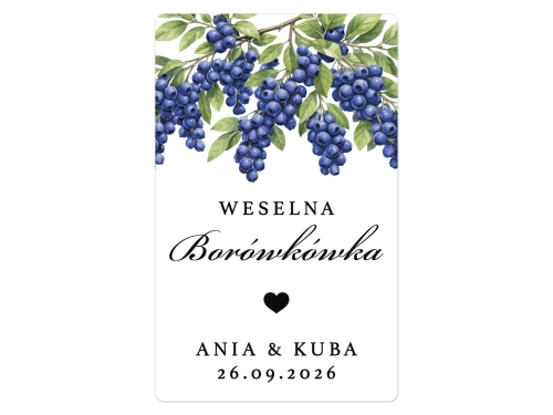 Naklejki na Borówkówkę, prostokątne etykiety Borówkówka weselna, personalizowane