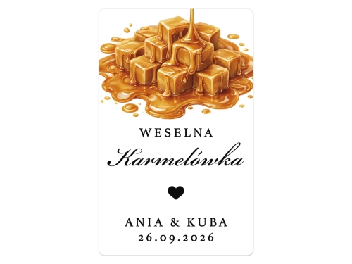 Naklejki na Karmelówkę, prostokątne etykiety Karmelówka weselna, personalizowane