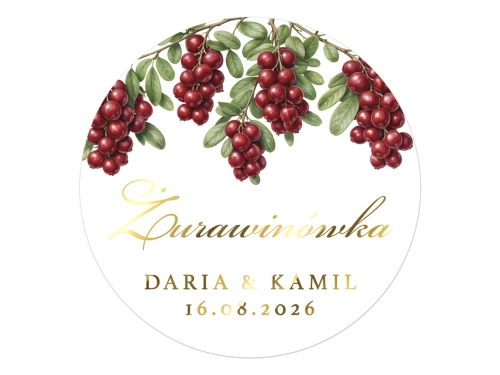 Złocone naklejki z nadrukiem na Żurawinówkę, etykiety Żurawinówka weselna, personalizowane