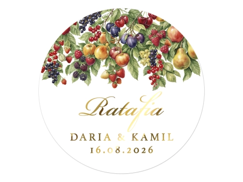 Złocone naklejki z nadrukiem na Ratafię, etykiety Ratafia weselna, personalizowane