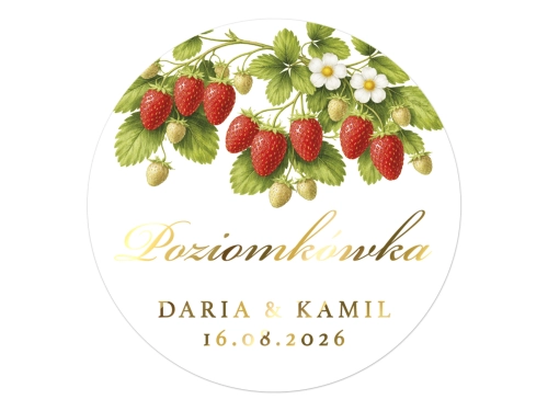 Złocone naklejki z nadrukiem na Poziomkówkę, etykiety Poziomkówka weselna, personalizowane