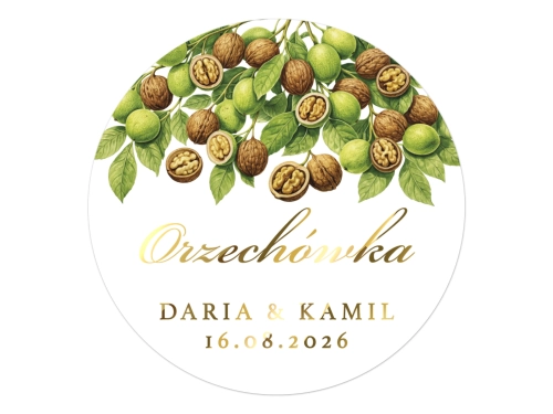 Złocone naklejki z nadrukiem na Orzechówkę, etykiety Orzechówka weselna, personalizowane