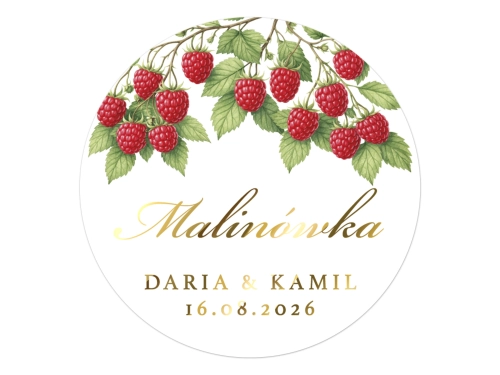 Złocone naklejki z nadrukiem na Malinówkę, etykiety Malinówka weselna, personalizowane