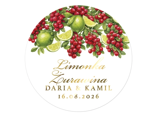 Złocone naklejki z nadrukiem na Limonkę Żurawinę, etykiety Limonka Żurawina weselne, personalizowane