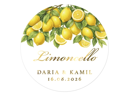 Złocone naklejki z nadrukiem na Limoncello, etykiety Limoncello weselne, personalizowane