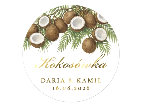 Złocone naklejki z nadrukiem na Kokosówkę, etykiety Kokosówka weselna, personalizowane