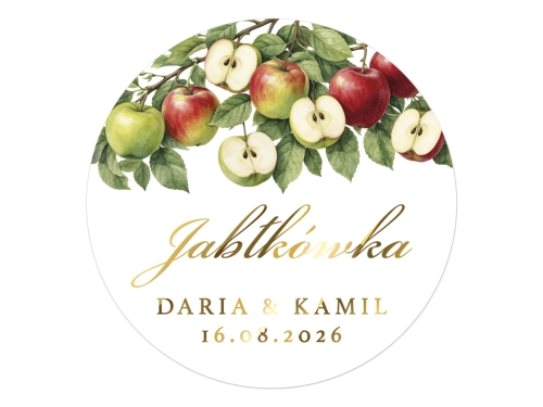 Złocone naklejki z nadrukiem na Jabłkówkę, etykiety Jabłkówka weselna, personalizowane