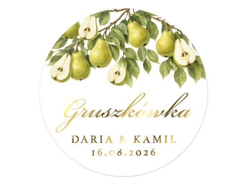 Złocone naklejki z nadrukiem na Gruszkówkę, etykiety Gruszkówka weselna, personalizowane