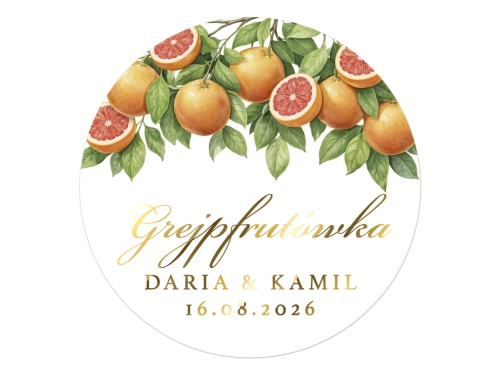 Złocone naklejki z nadrukiem na Grejpfrutówkę, etykiety Grejpfrutówka weselna, personalizowane