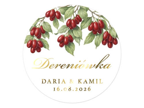 Złocone naklejki z nadrukiem na Dereniówkę, etykiety Dereniówka weselna, personalizowane