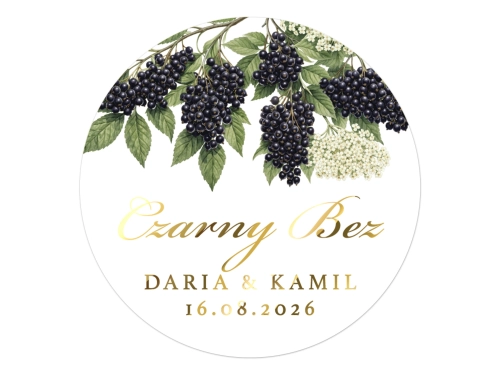Złocone naklejki z nadrukiem na Czarny Bez, etykiety Czarny Bez weselny, personalizowane