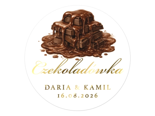 Złocone naklejki z nadrukiem na Czekoladówkę, etykiety Czekoladówka weselna, personalizowane