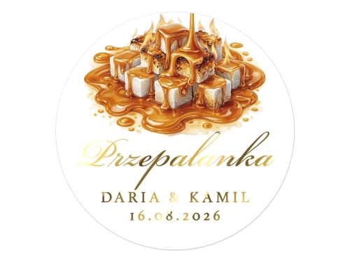 Złocone naklejki z nadrukiem na Przepalankę, etykiety Przepalanka weselna, personalizowane