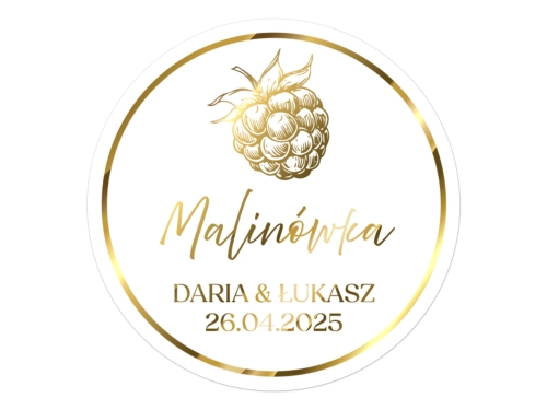 Złocone naklejki na Malinówkę, etykiety Malinówka weselna, okrągłe personalizowane