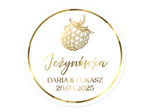 Złocone naklejki na Jeżynówkę, etykiety Jeżynówka weselna, okrągłe personalizowane