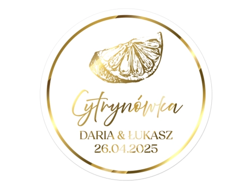 Złocone naklejki na Cytrynówkę, etykiety Cytrynówka weselna, okrągłe personalizowane