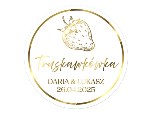 Złocone naklejki na Truskawkówkę, etykiety Truskawkówka weselna, okrągłe personalizowane